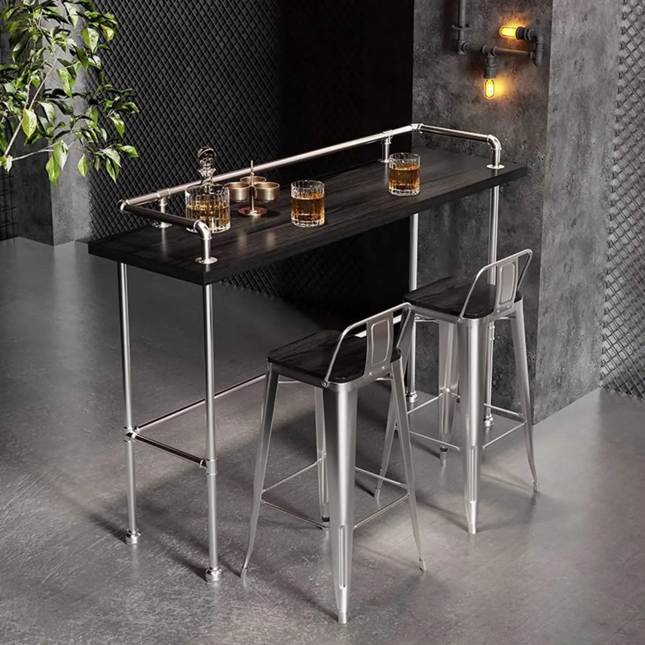 Table de bar rustique en bois dur couleur charbon avec support pour les pieds