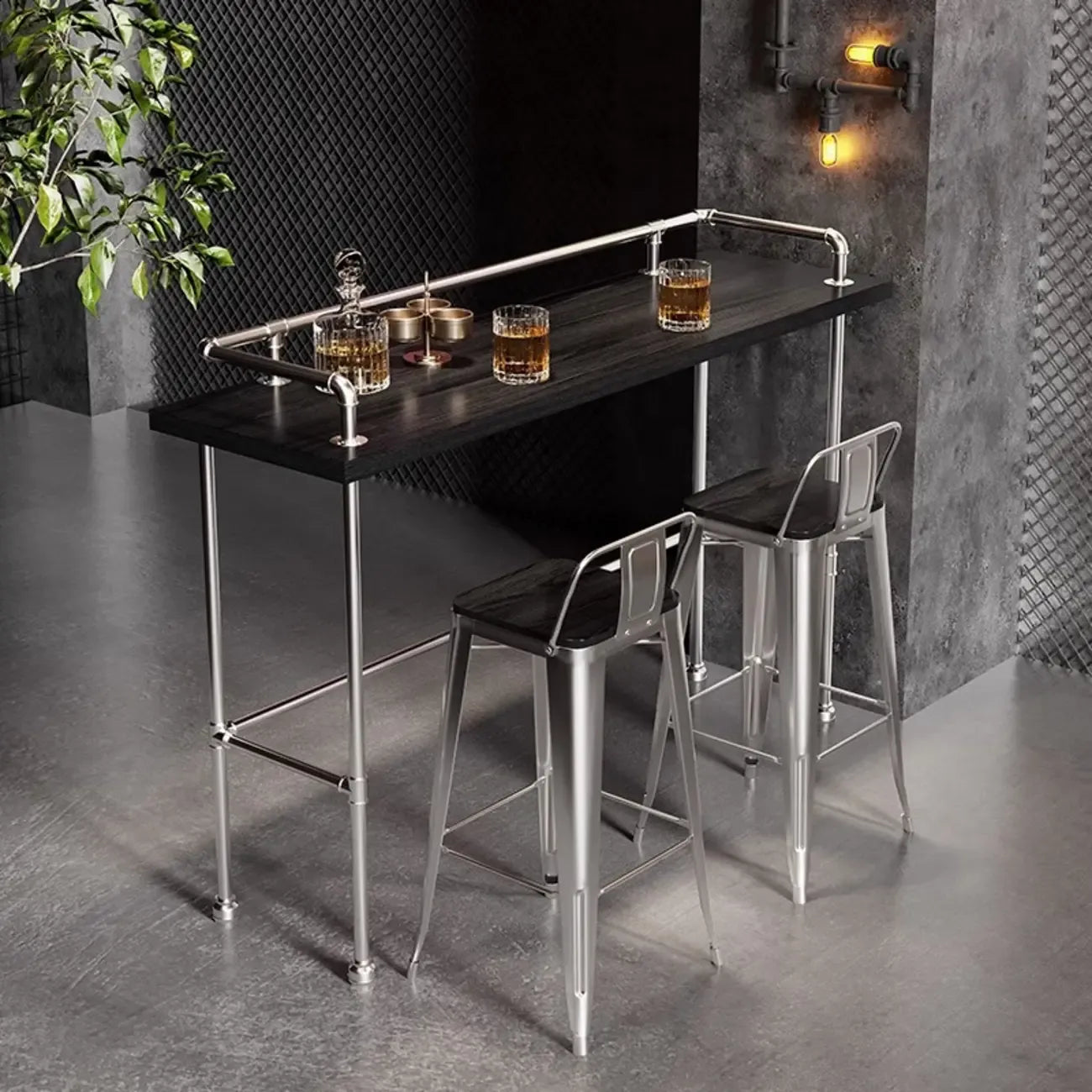 Table de bar rustique en bois dur couleur charbon avec support pour les pieds