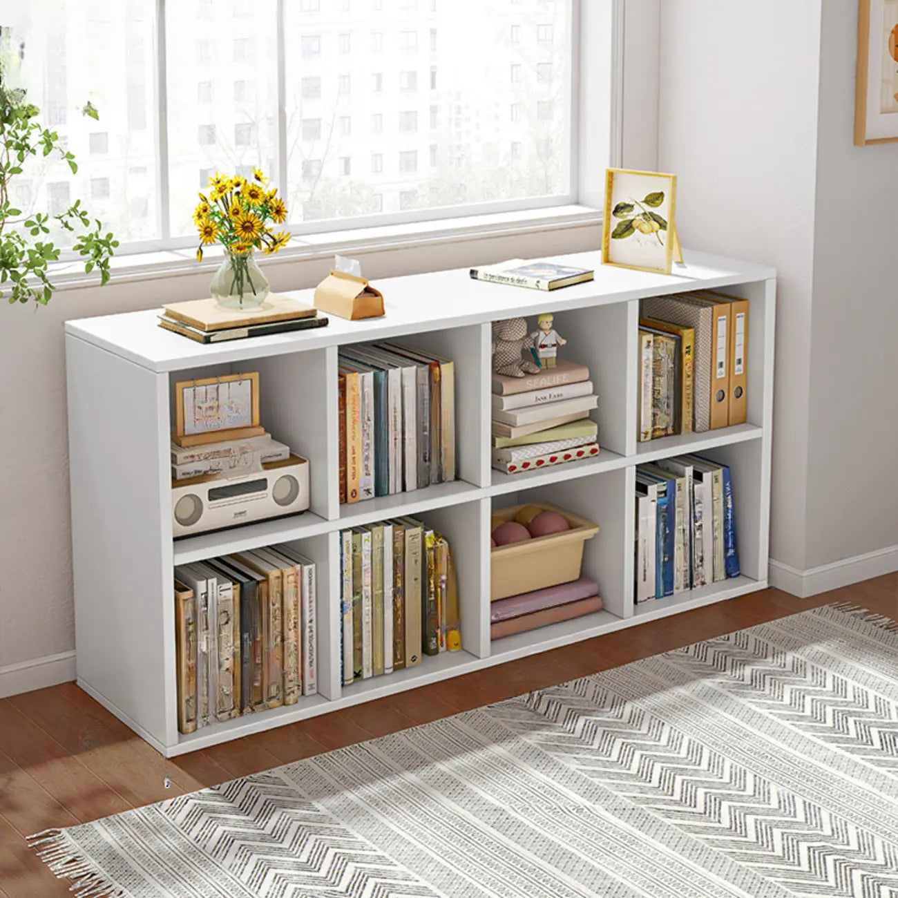 Bibliothèque rectangulaire horizontale en bois naturel à plusieurs cubes