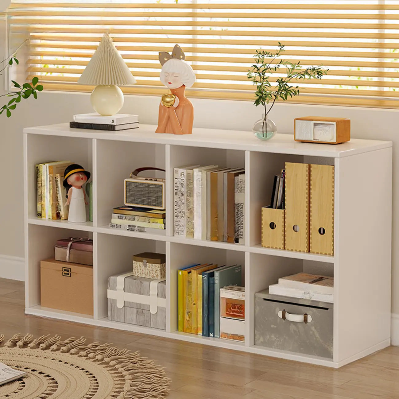 Bibliothèque rectangulaire horizontale en bois naturel à plusieurs cubes