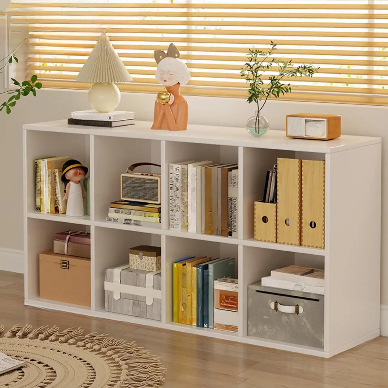 Bibliothèque rectangulaire horizontale en bois naturel à plusieurs cubes