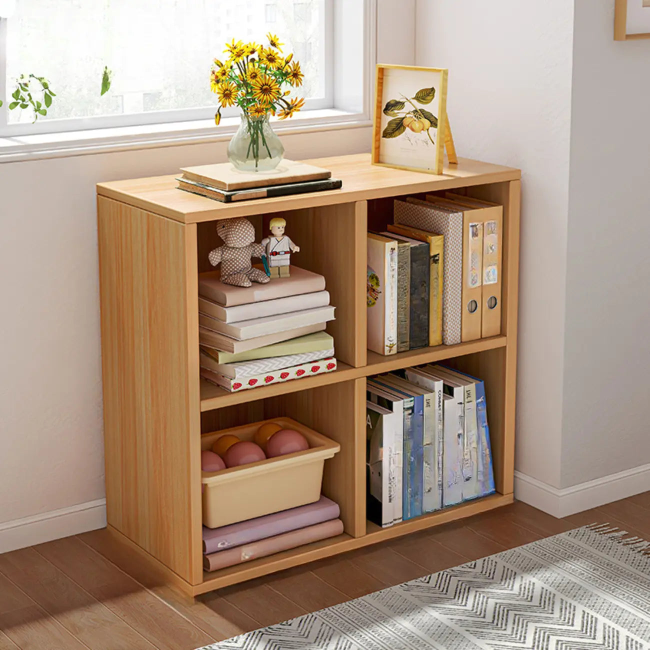 Bibliothèque rectangulaire horizontale en bois naturel à plusieurs cubes