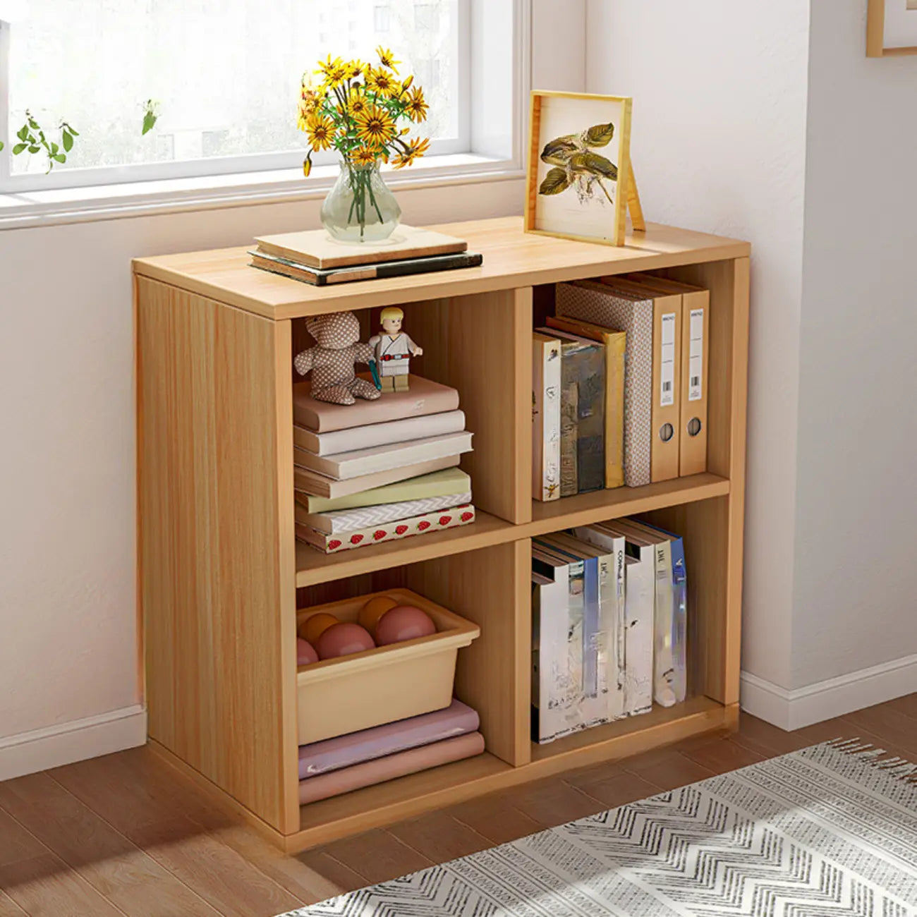 Bibliothèque rectangulaire horizontale en bois naturel à plusieurs cubes