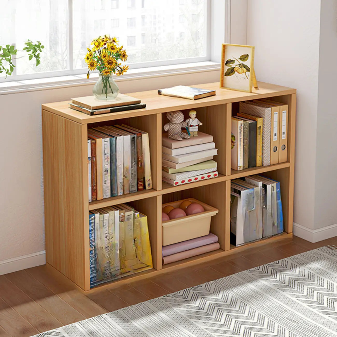 Bibliothèque rectangulaire horizontale en bois naturel à plusieurs cubes