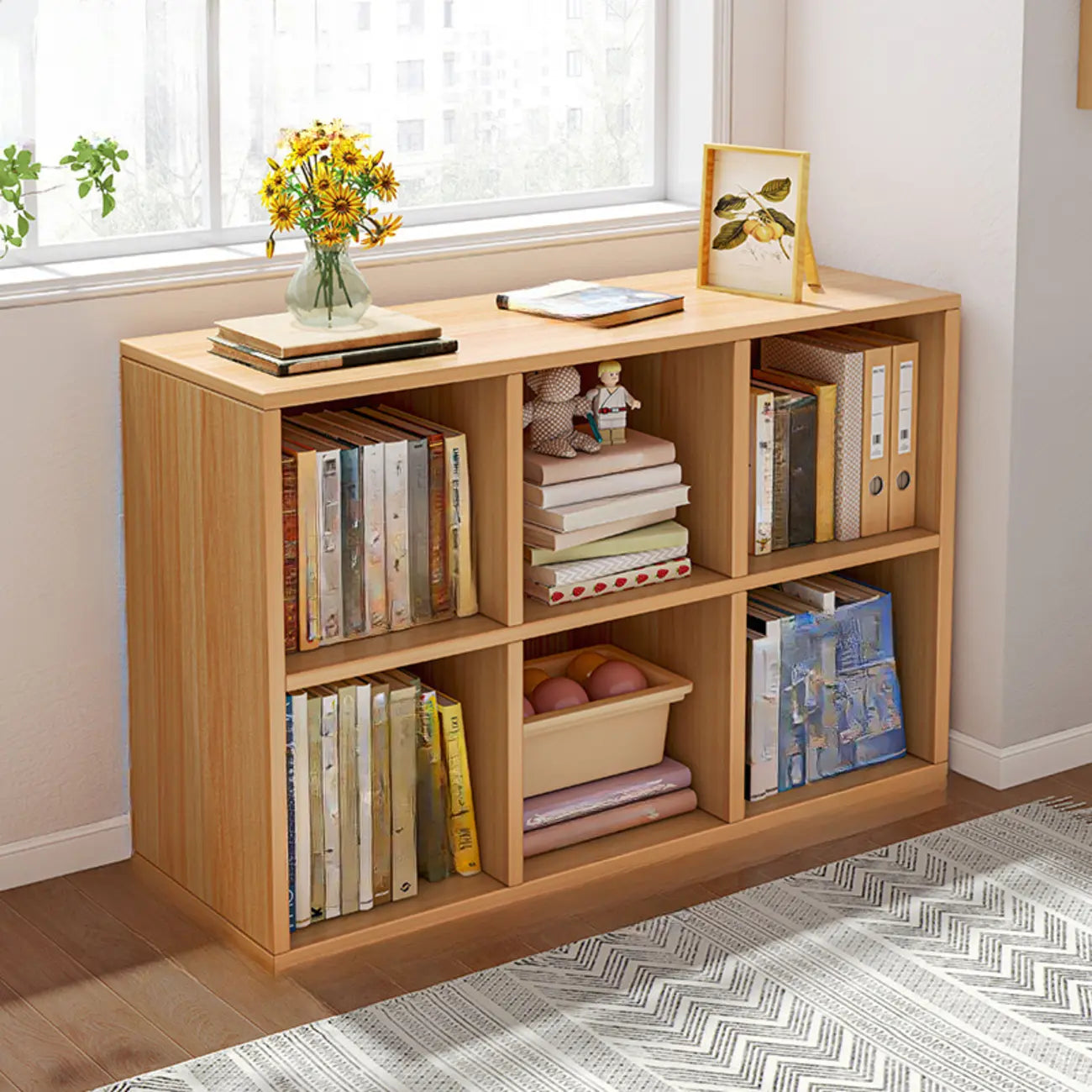 Bibliothèque rectangulaire horizontale en bois naturel à plusieurs cubes