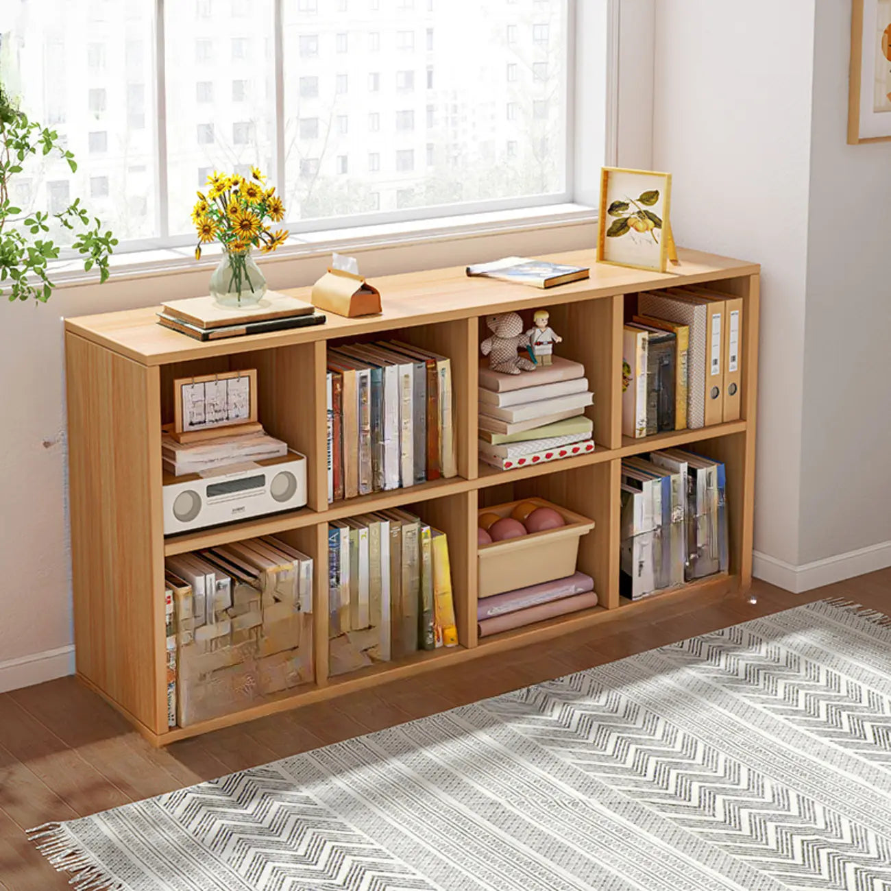 Bibliothèque rectangulaire horizontale en bois naturel à plusieurs cubes
