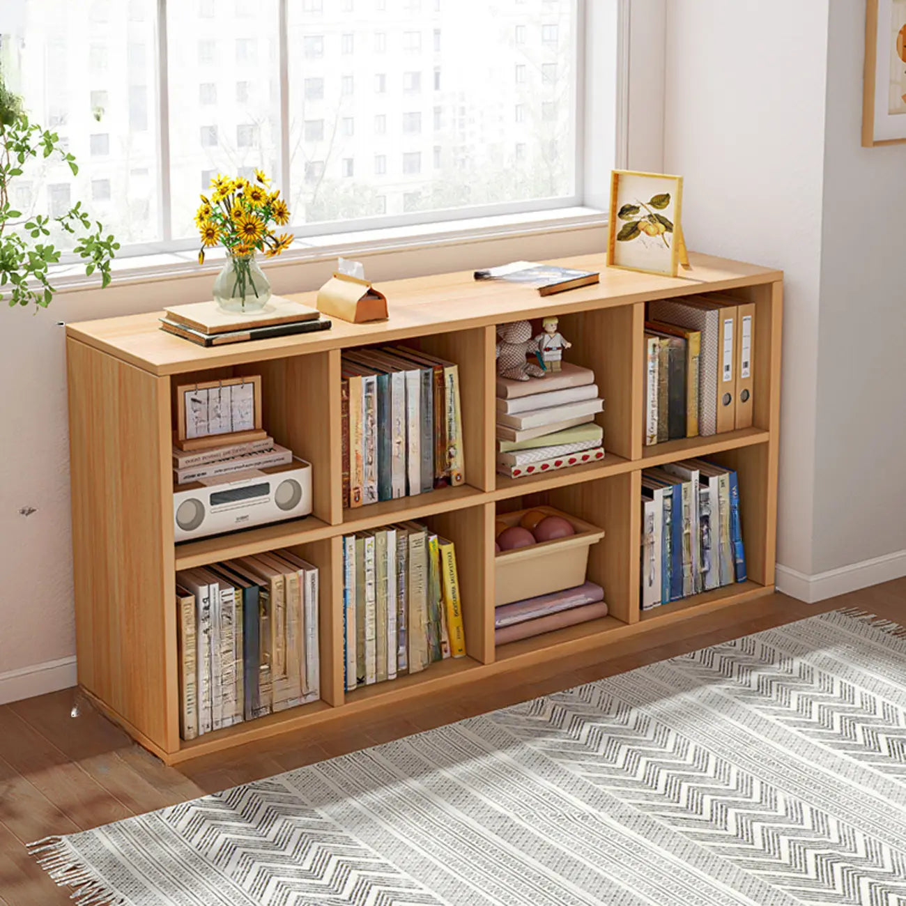 Bibliothèque rectangulaire horizontale en bois naturel à plusieurs cubes