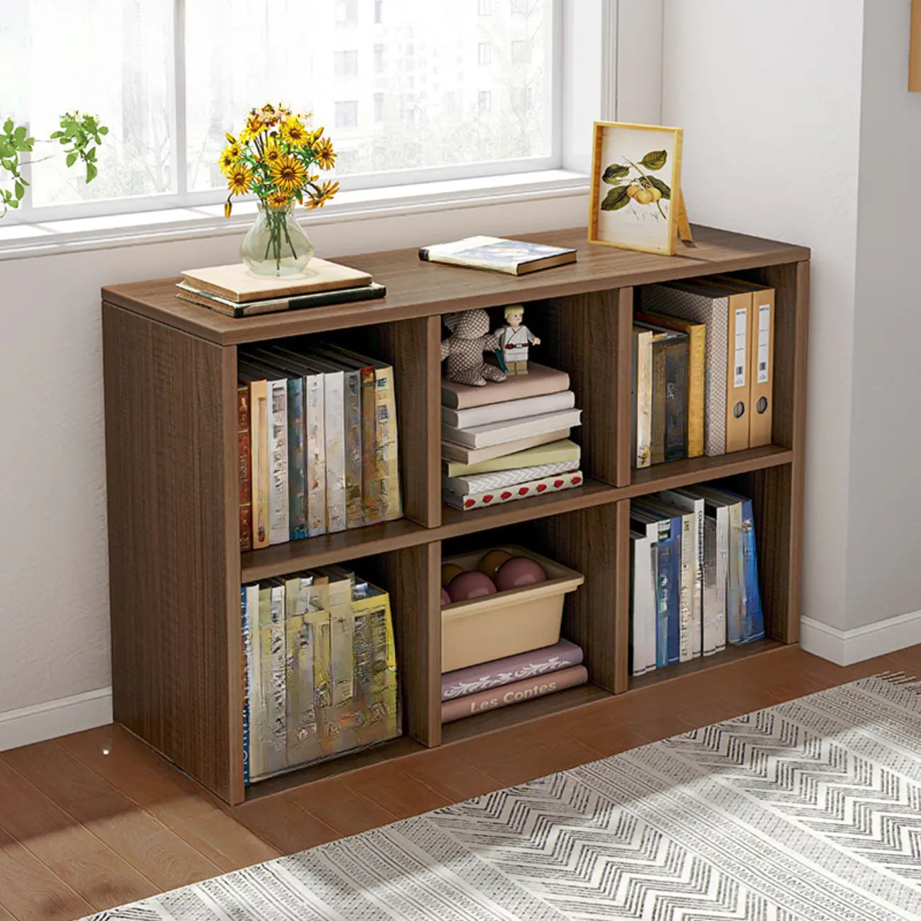 Bibliothèque rectangulaire horizontale en bois naturel à plusieurs cubes