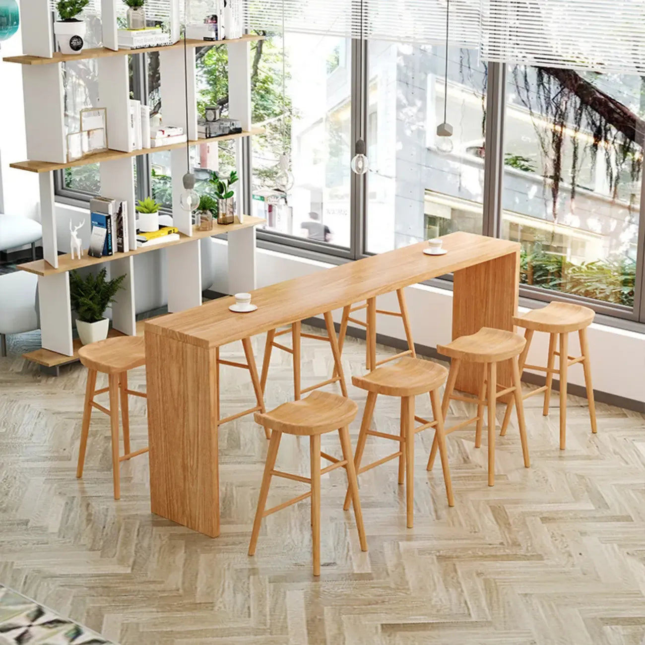Table haute de bar rectangulaire scandinave en bois à double piétement