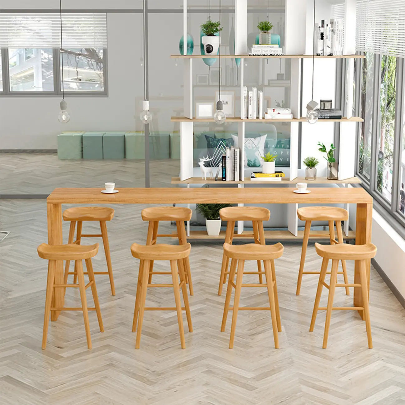 Table haute de bar rectangulaire scandinave en bois à double piétement