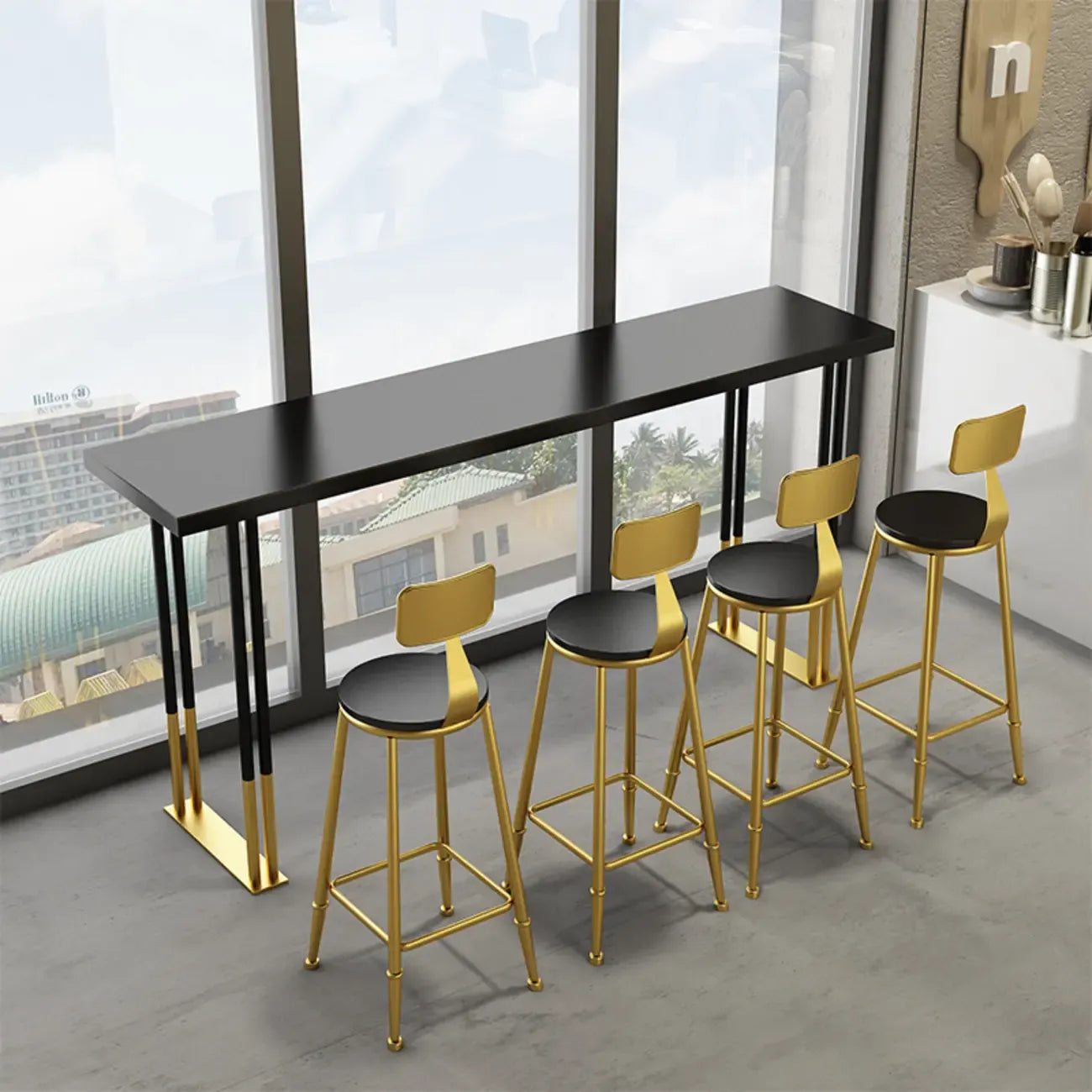Table de bar élégante avec plateau en bois et piètement en métal pour la cuisine