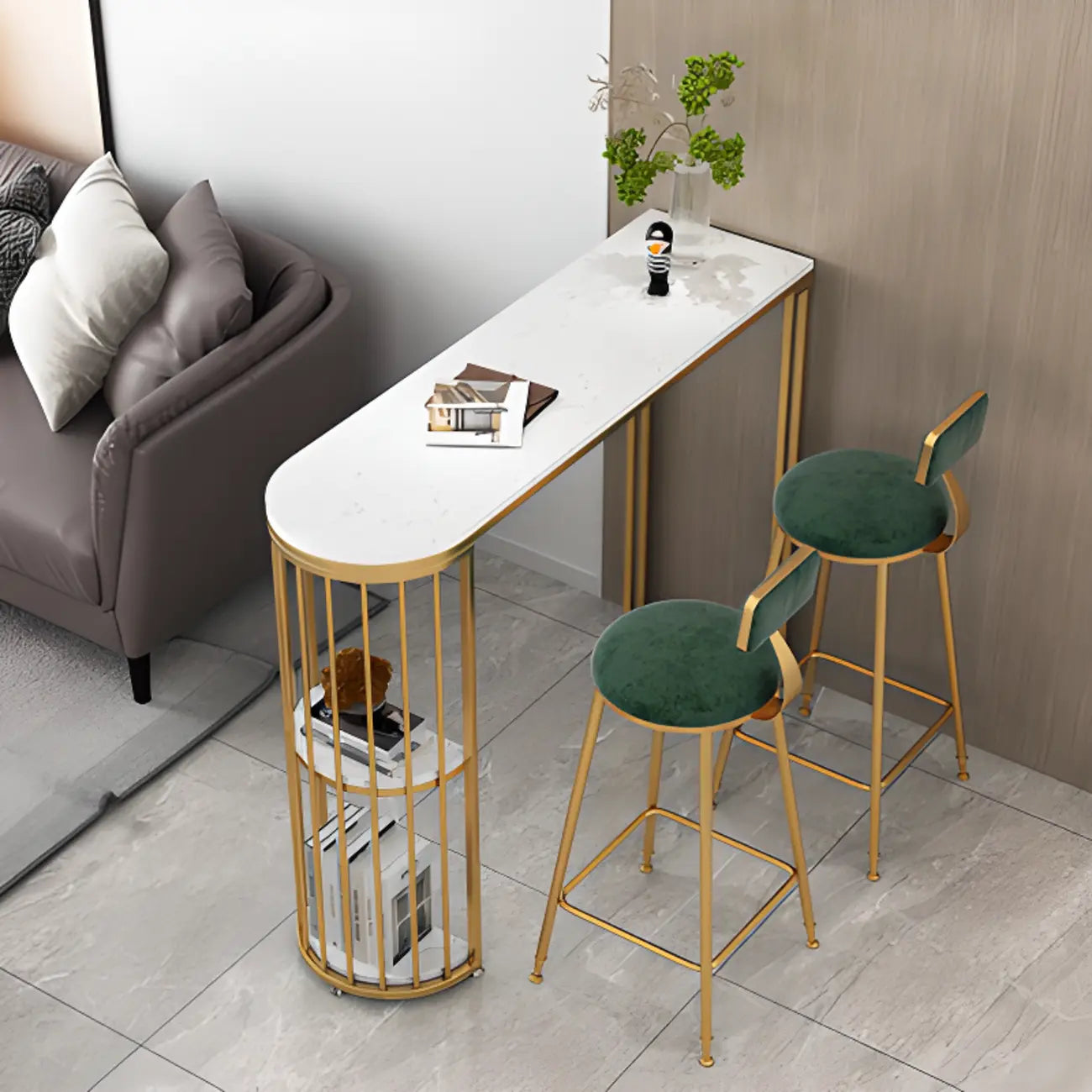 Table de bar moderne de style bistro, plateau en marbre doré, 2 étagères