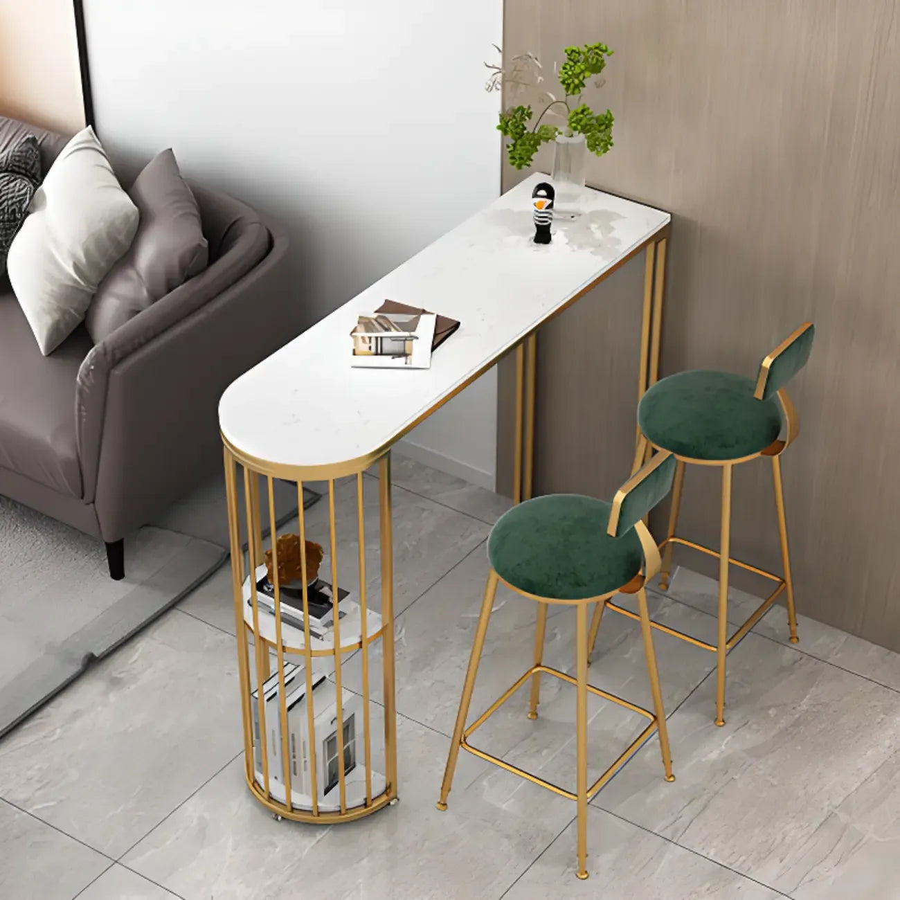 Table de bar moderne de style bistro, plateau en marbre doré, 2 étagères