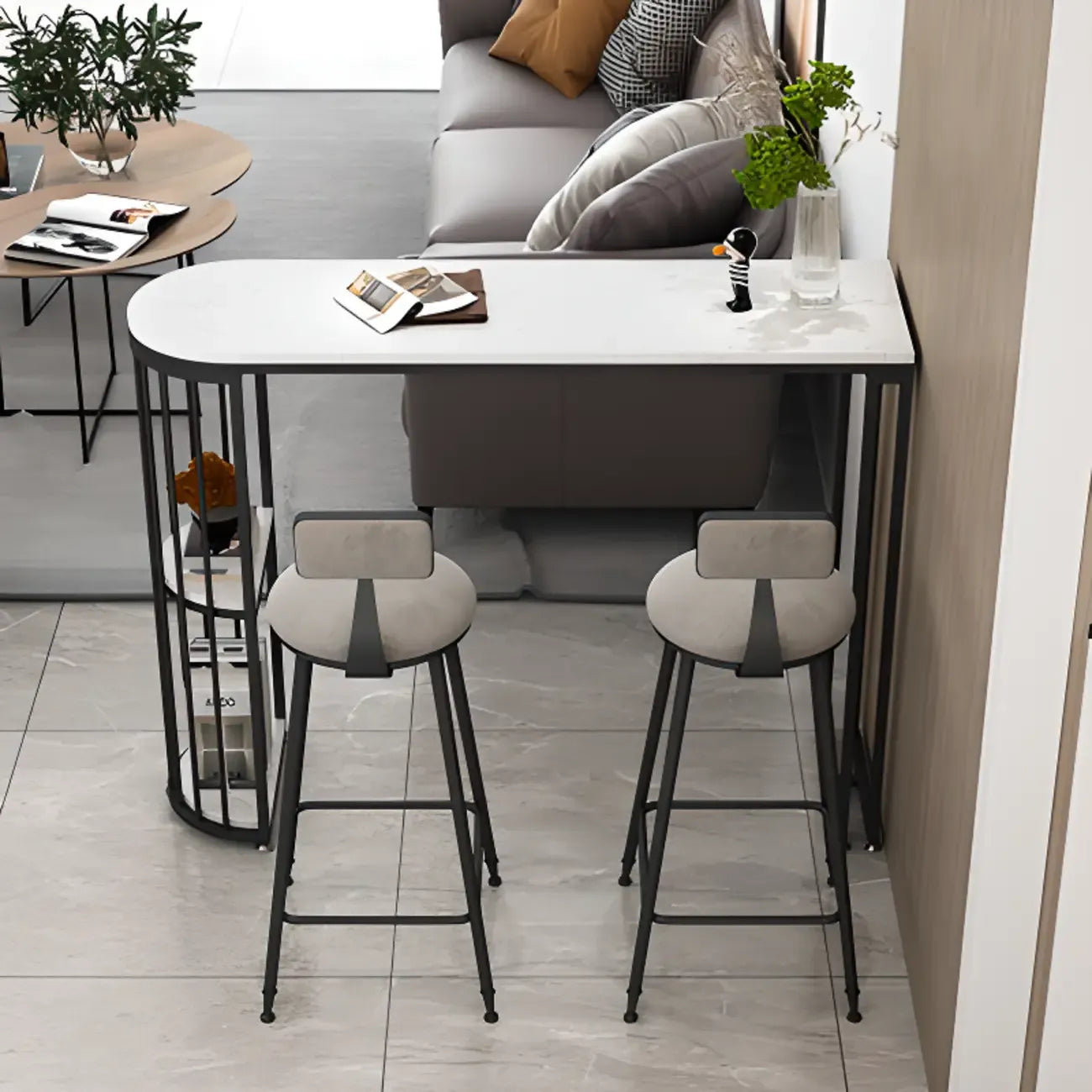 Table de bar moderne de style bistro, plateau en marbre doré, 2 étagères