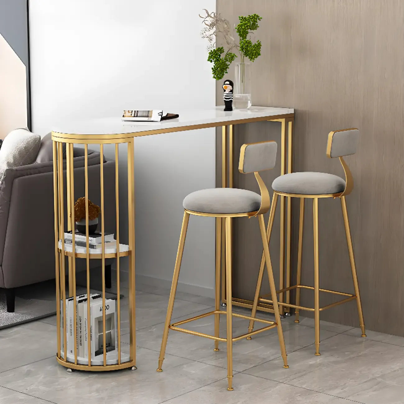Table de bar moderne de style bistro, plateau en marbre doré, 2 étagères