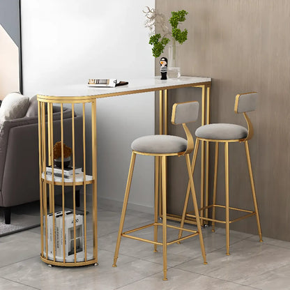 Table de bar moderne de style bistro, plateau en marbre doré, 2 étagères