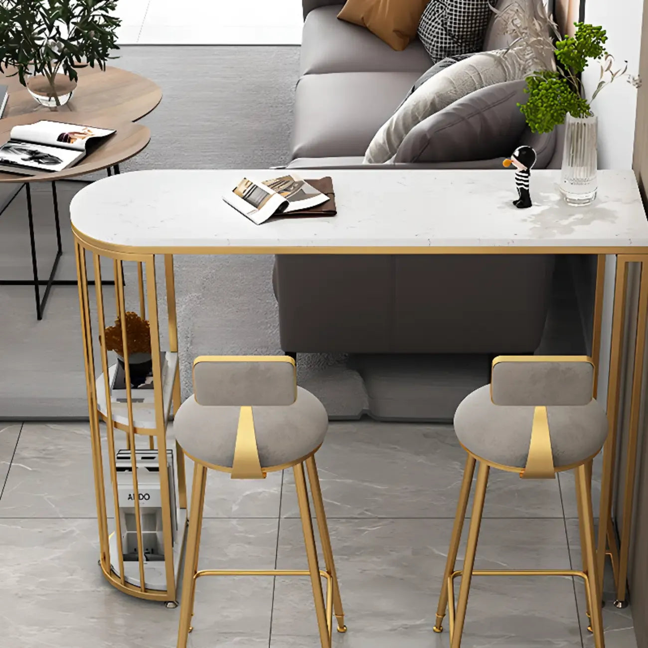 Table de bar moderne de style bistro, plateau en marbre doré, 2 étagères