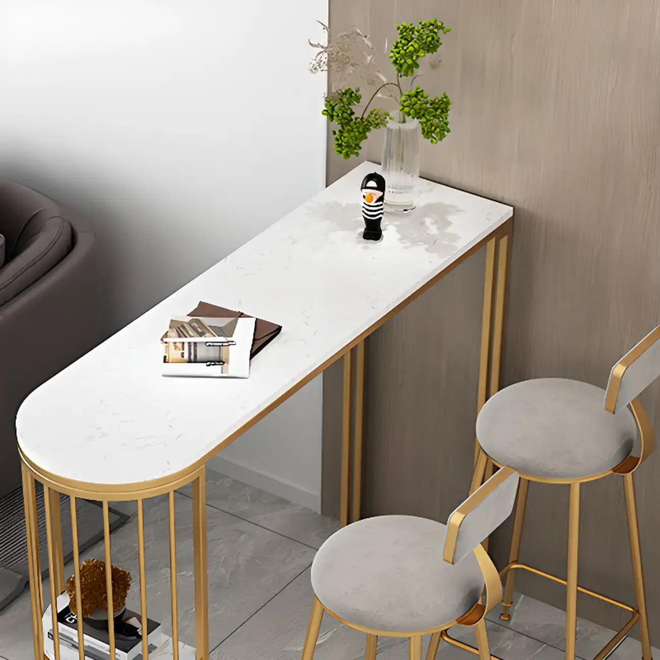 Table de bar moderne de style bistro, plateau en marbre doré, 2 étagères