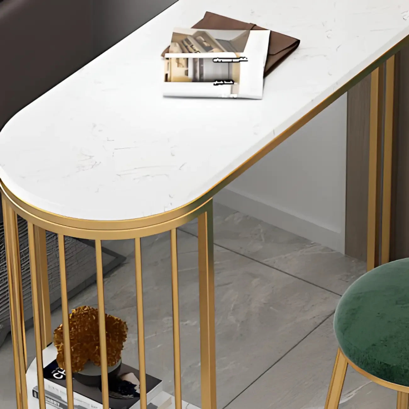 Table de bar moderne de style bistro, plateau en marbre doré, 2 étagères