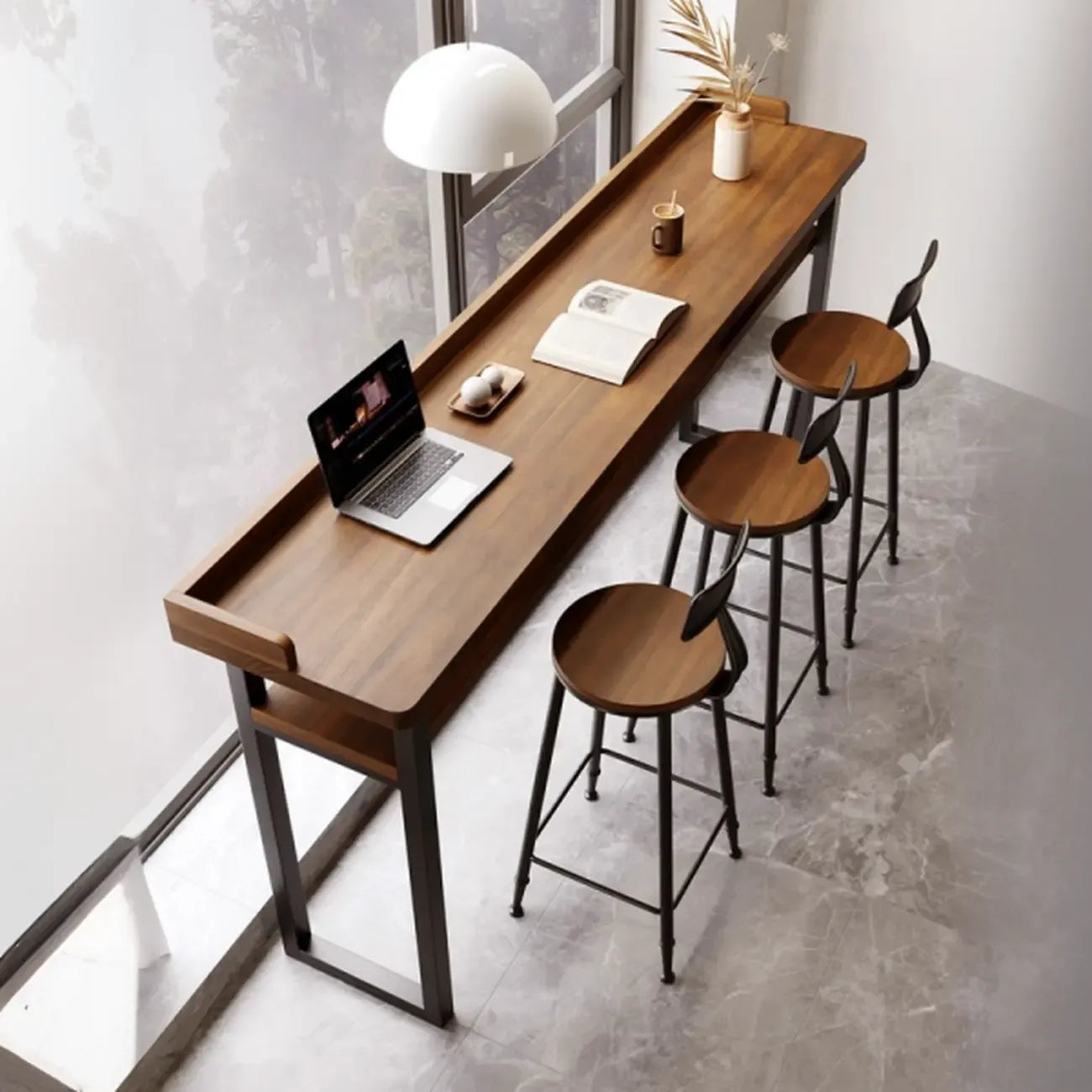 Tables de bar élégantes en pin brun avec étagères de rangement