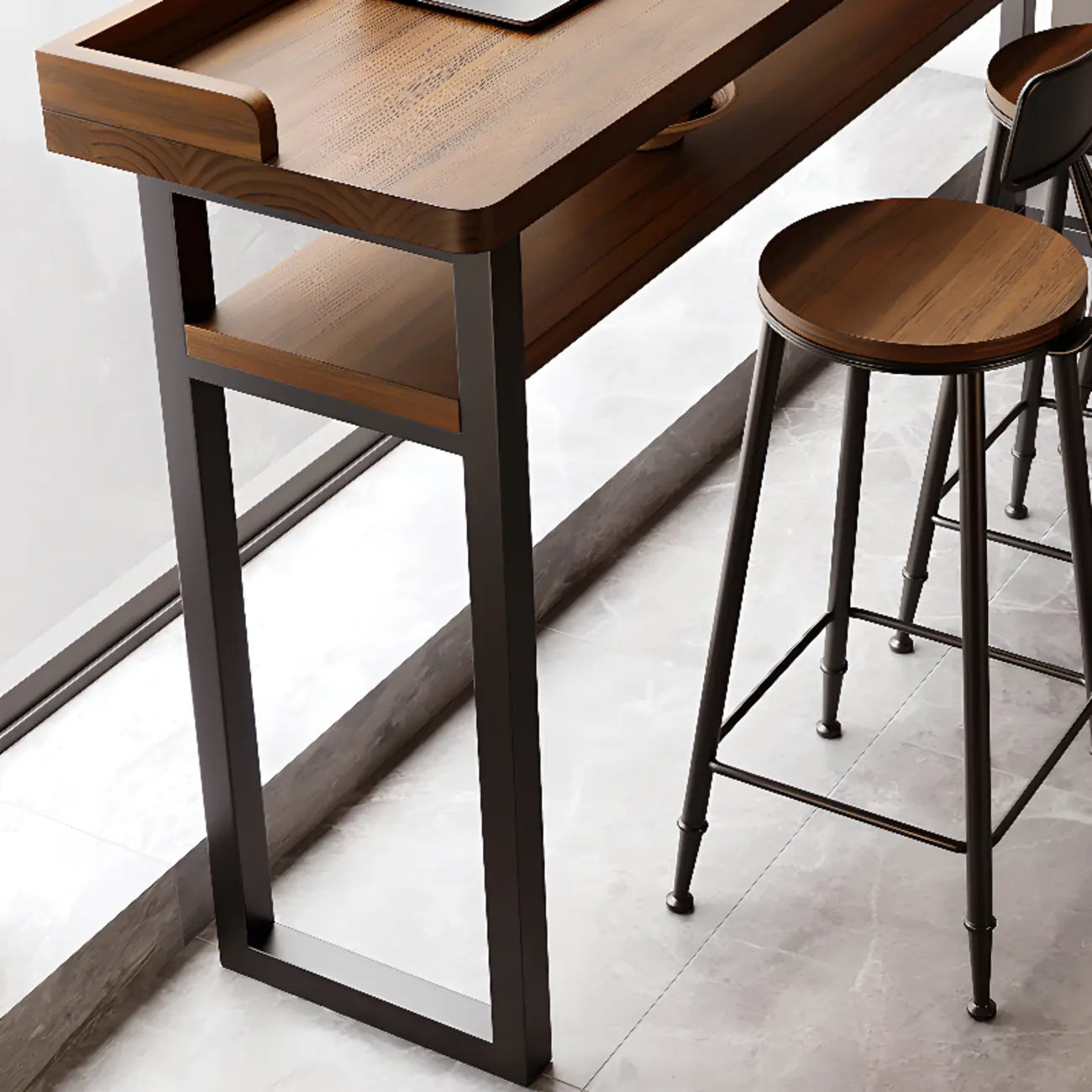 Tables de bar élégantes en pin brun avec étagères de rangement