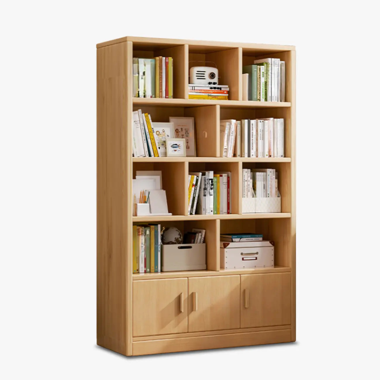 Bibliothèque de rangement scandinave haute en bois à plusieurs étagères