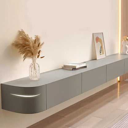 Meuble TV suspendu long en bois massif gris de 87 pouces avec tiroirs