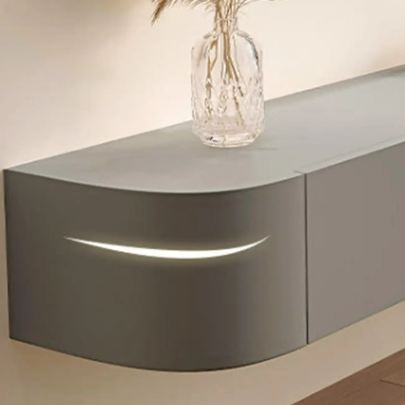 Meuble TV suspendu long en bois massif gris de 87 pouces avec tiroirs