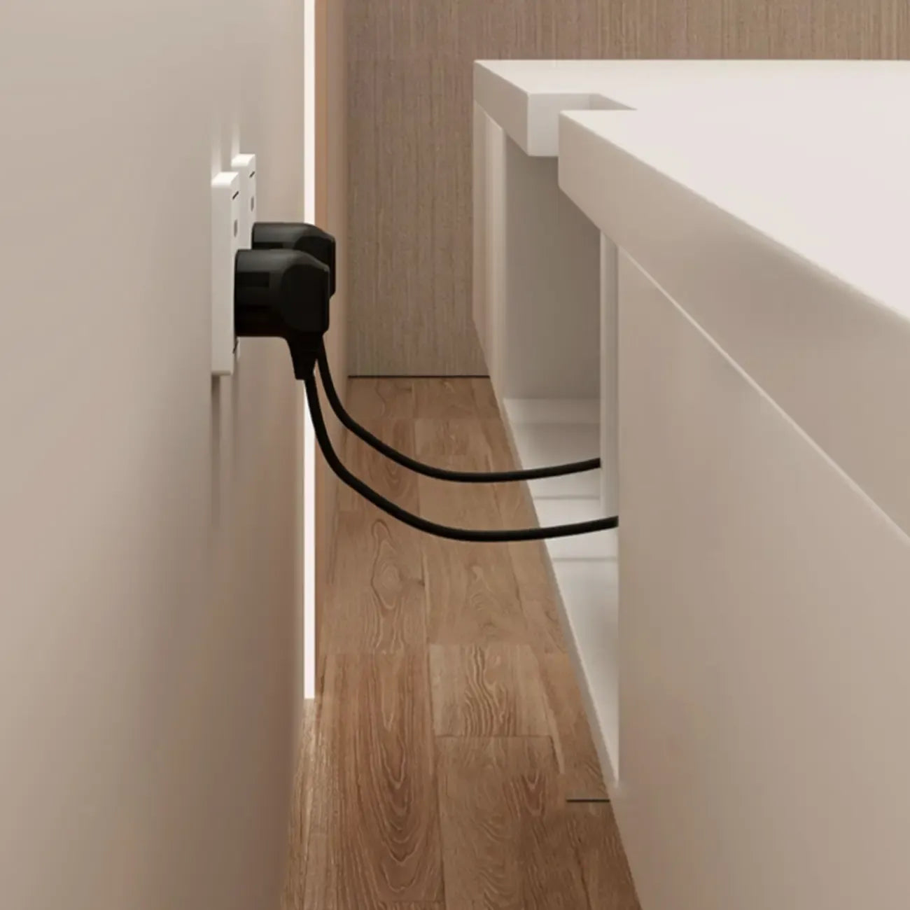 Meuble TV suspendu long en bois massif gris de 87 pouces avec tiroirs