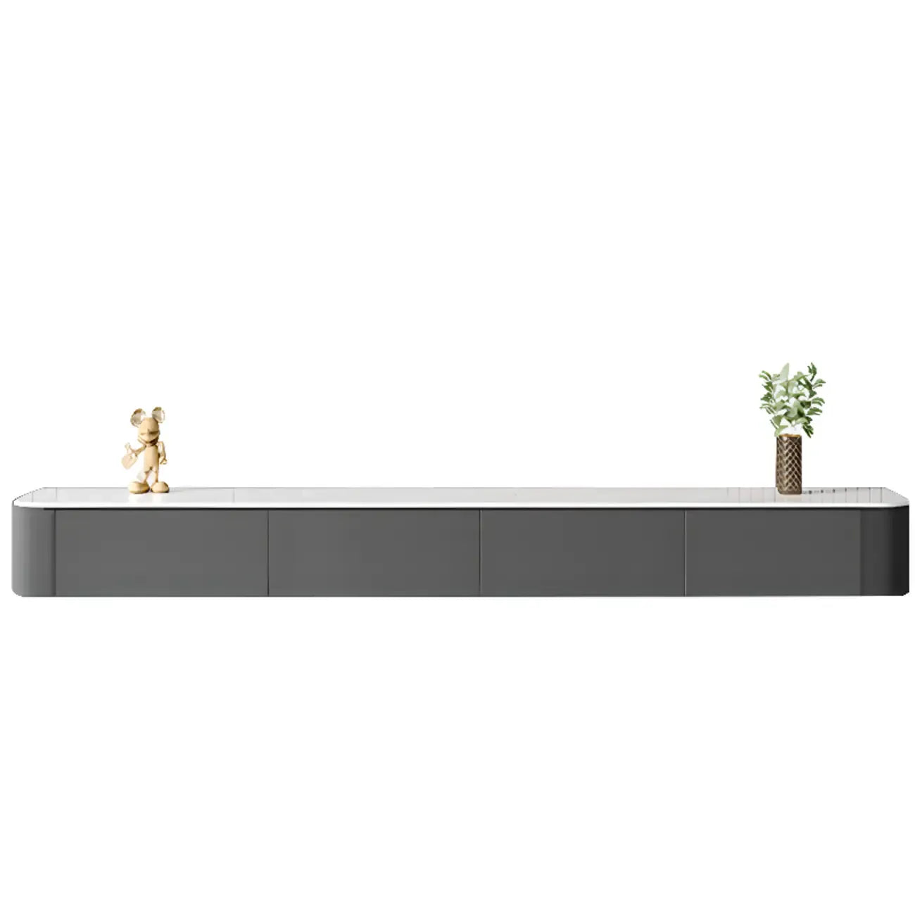 Meuble TV suspendu long en bois massif gris de 87 pouces avec tiroirs