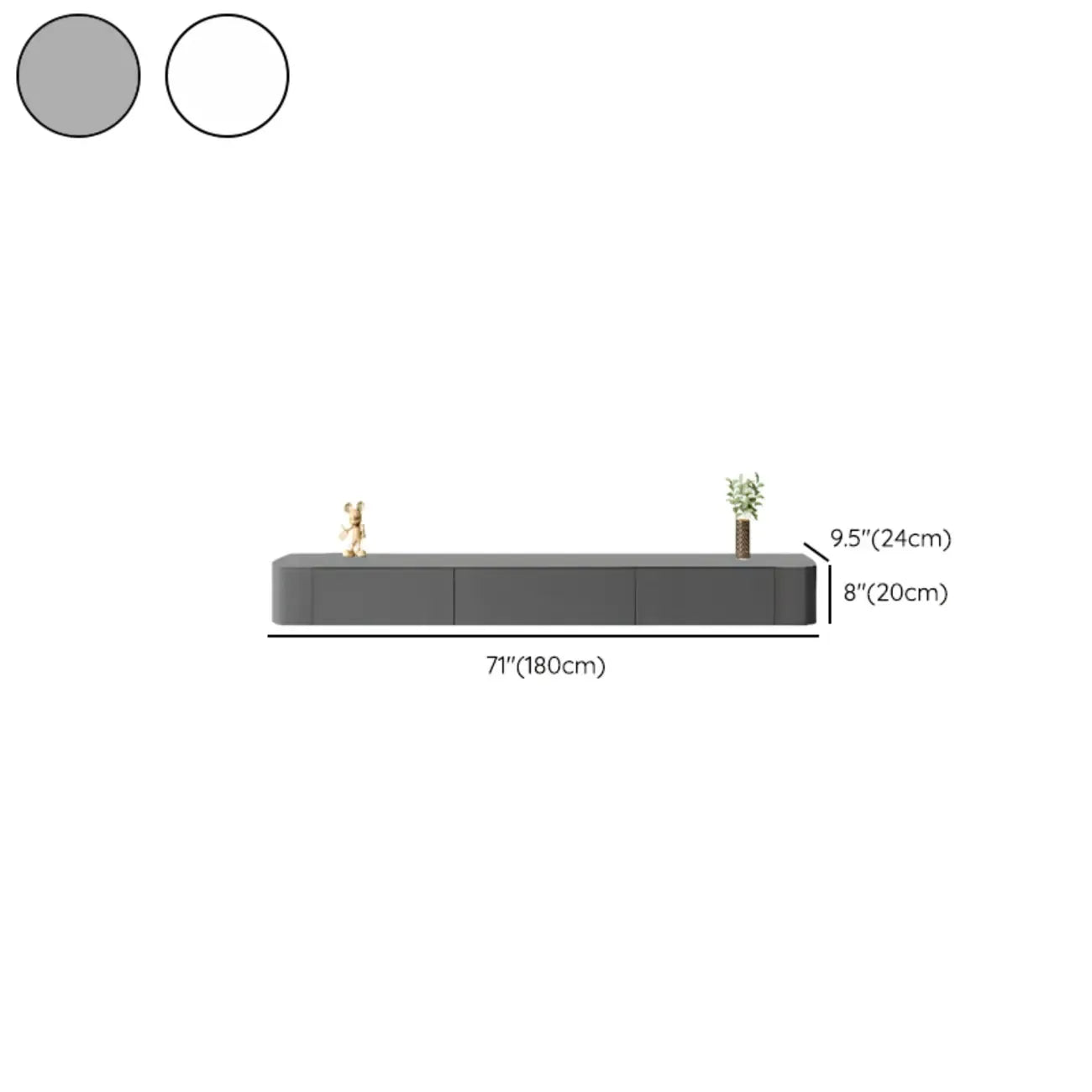 Meuble TV suspendu long en bois massif gris de 87 pouces avec tiroirs