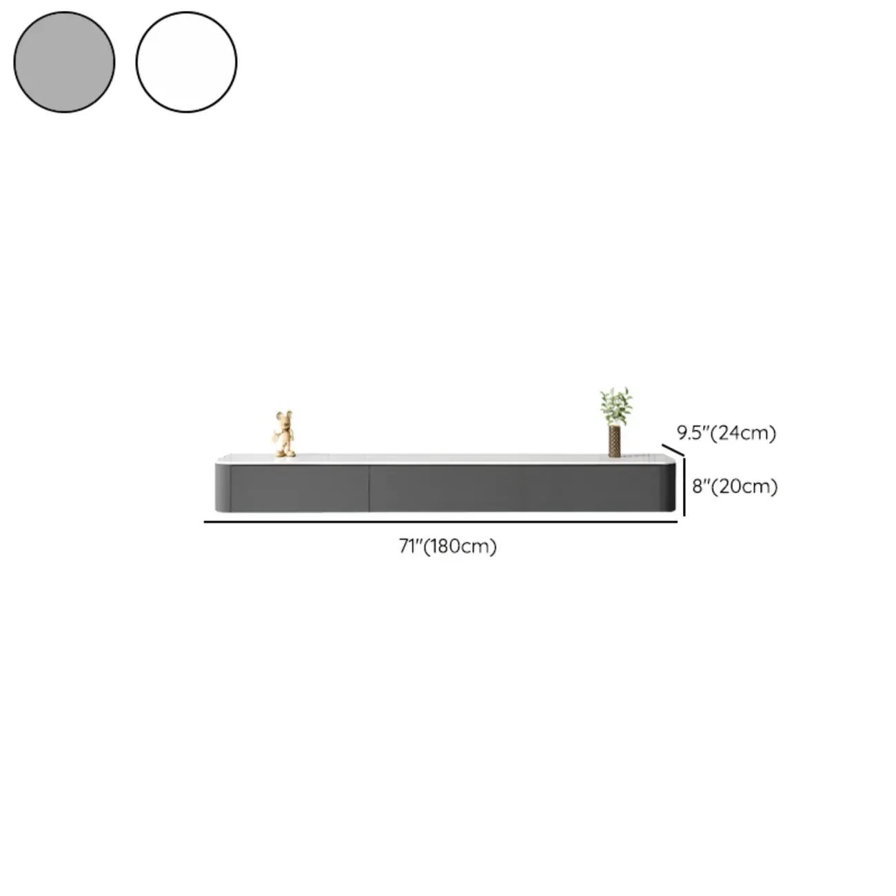 Meuble TV suspendu long en bois massif gris de 87 pouces avec tiroirs