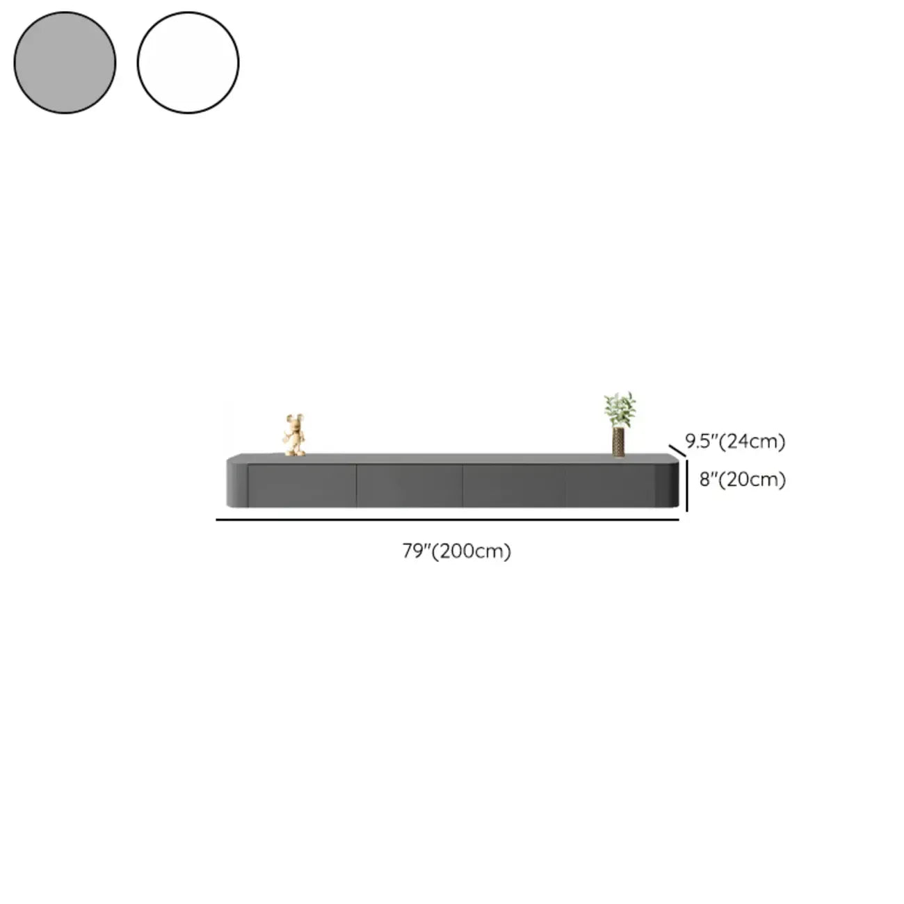 Meuble TV suspendu long en bois massif gris de 87 pouces avec tiroirs