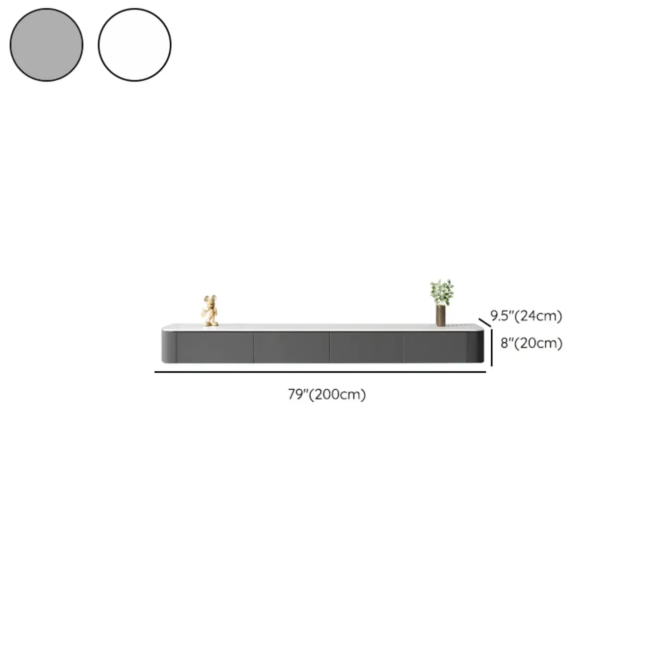 Meuble TV suspendu long en bois massif gris de 87 pouces avec tiroirs