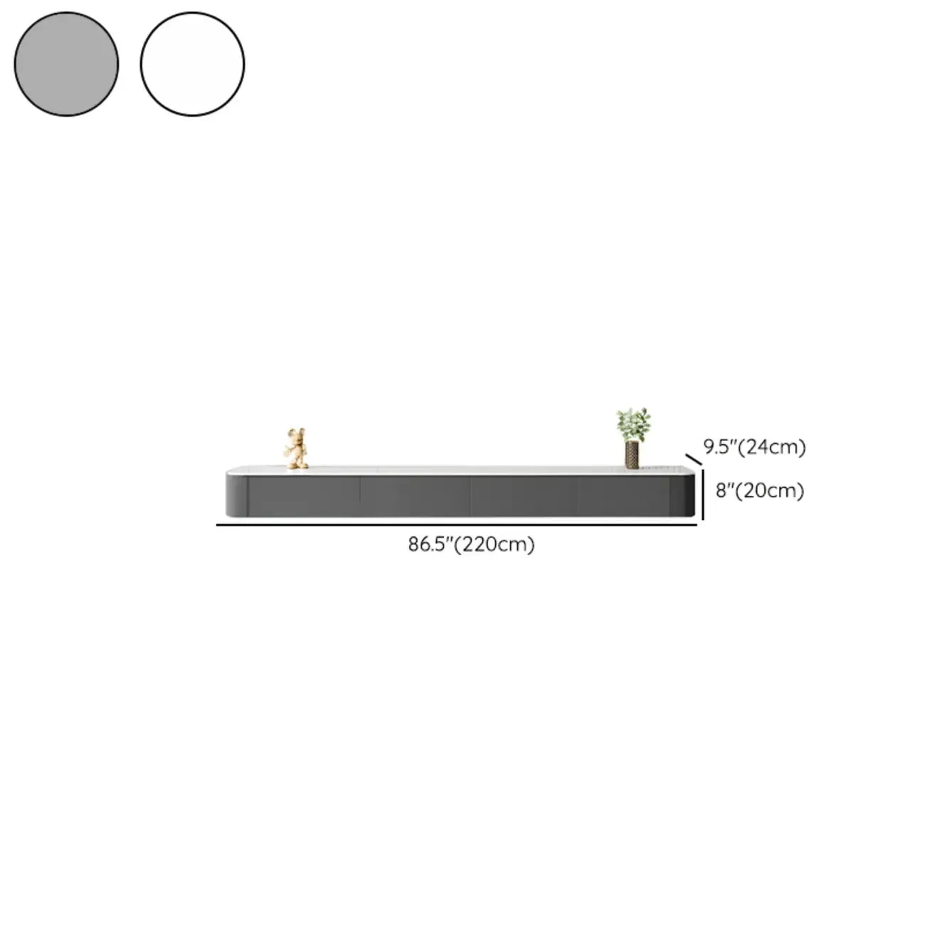 Meuble TV suspendu long en bois massif gris de 87 pouces avec tiroirs