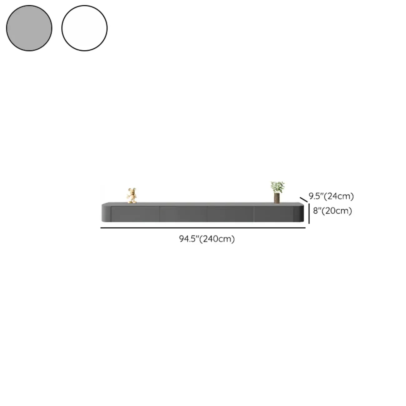Meuble TV suspendu long en bois massif gris de 87 pouces avec tiroirs