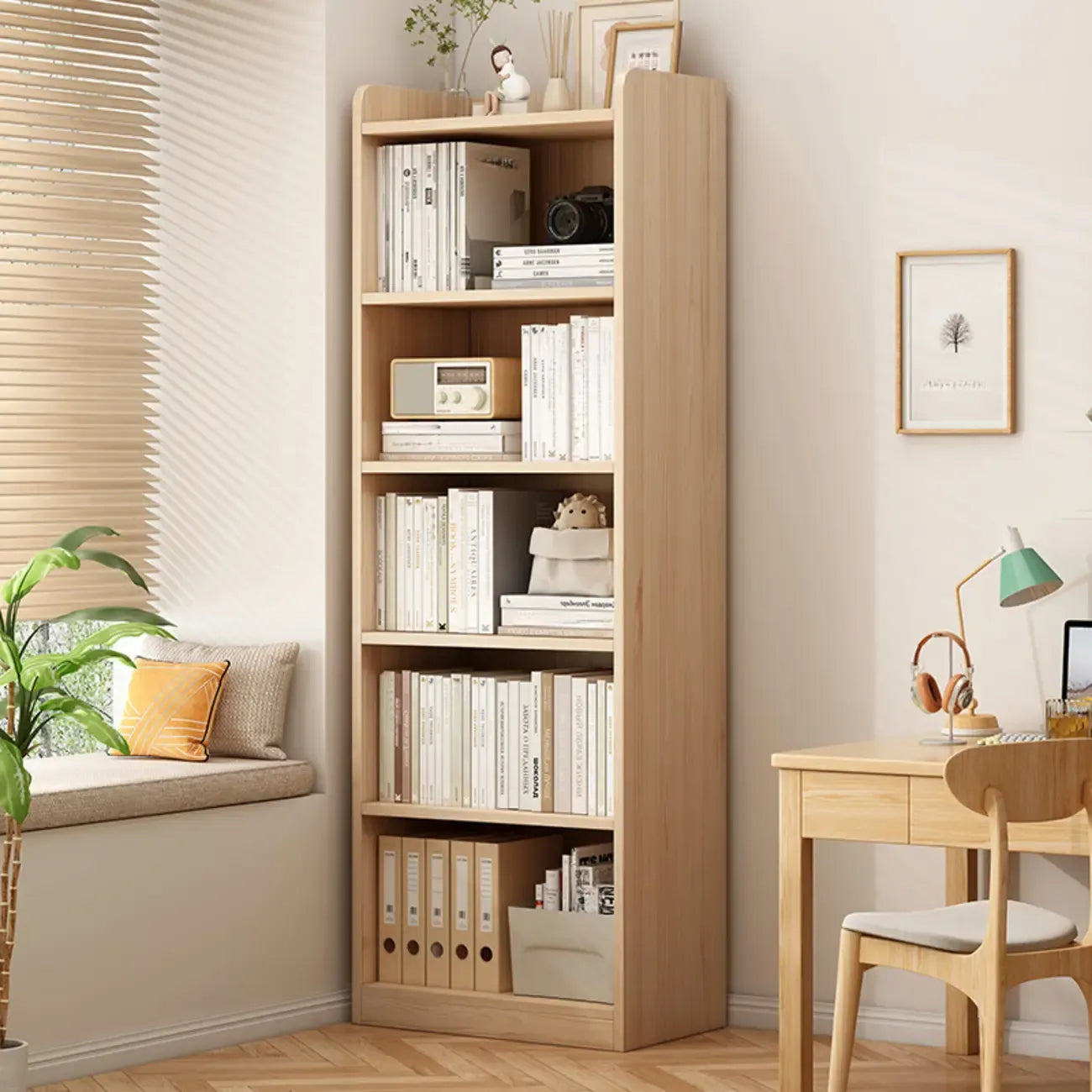 Bibliothèque d'avocat verticale à 6 niveaux en pin naturel avec dos fermé