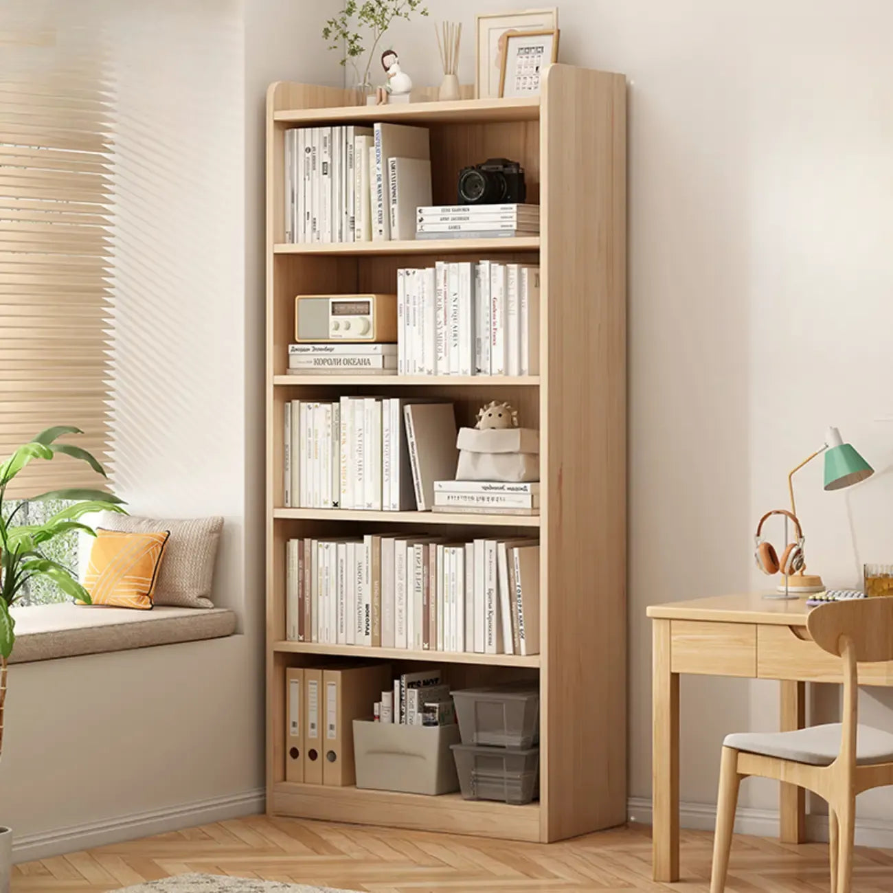 Bibliothèque d'avocat verticale à 6 niveaux en pin naturel avec dos fermé