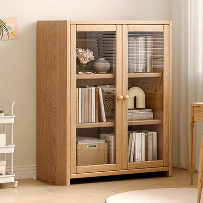 Bibliothèque de bureau rectangulaire en bois et verre avec porte fermée