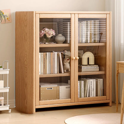 Bibliothèque de bureau rectangulaire en bois et verre avec porte fermée