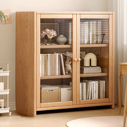 Bibliothèque de bureau rectangulaire en bois et verre avec porte fermée