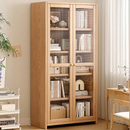 Bibliothèque de bureau rectangulaire en bois et verre avec porte fermée