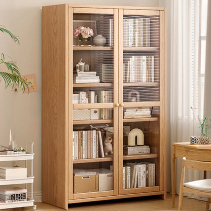 Bibliothèque de bureau rectangulaire en bois et verre avec porte fermée