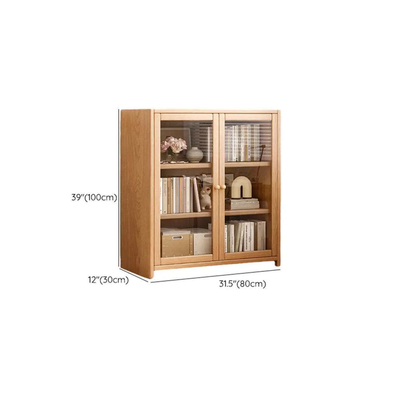 Bibliothèque de bureau rectangulaire en bois et verre avec porte fermée