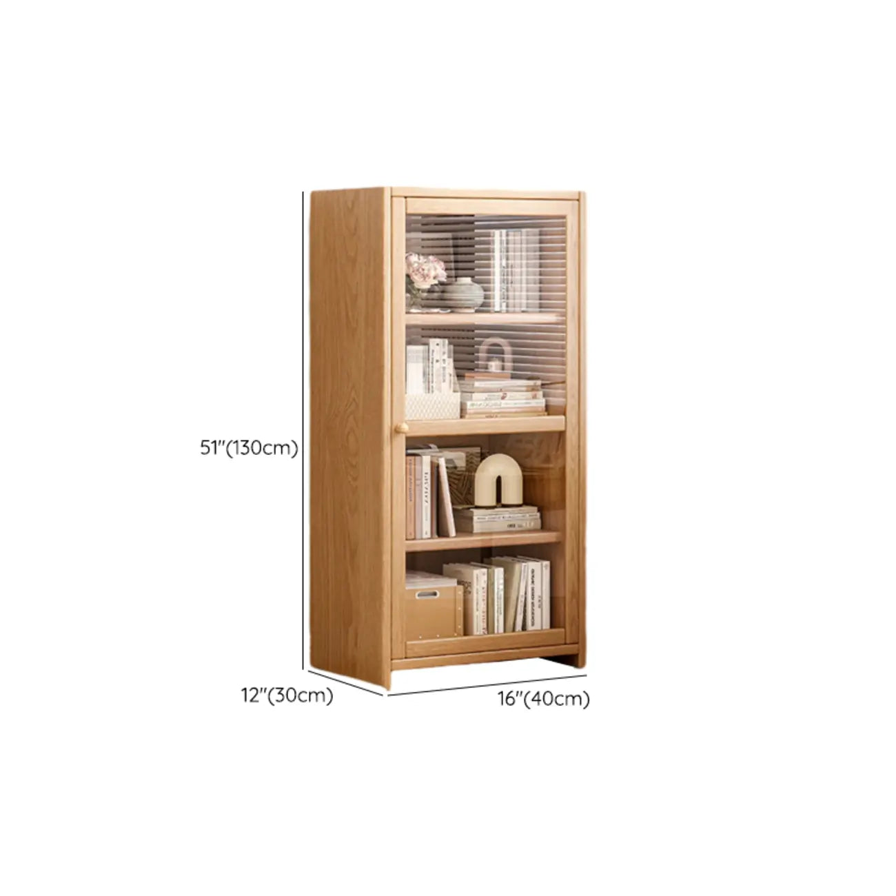 Bibliothèque de bureau rectangulaire en bois et verre avec porte fermée