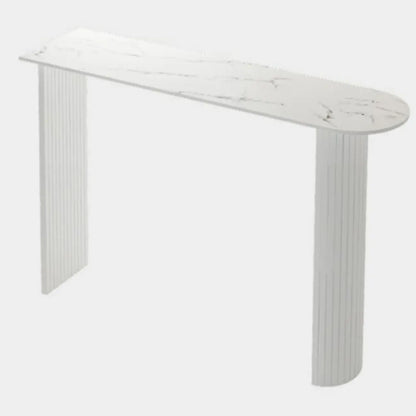 Table haute de bar moderne, plateau en pierre, double piétement aux formes libres