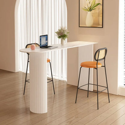 Table haute de bar moderne, plateau en pierre, double piétement aux formes libres