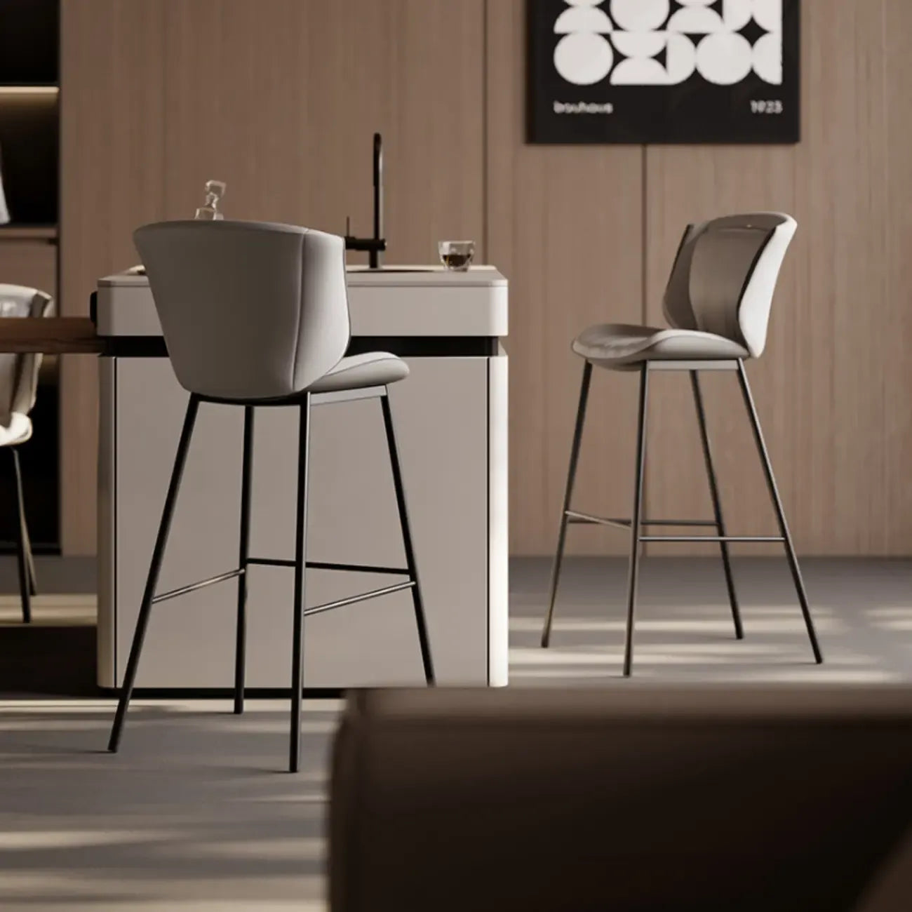 Tabouret de bar moderne de luxe avec coussin trapézoïdal, revêtement en microfibre et acier au carbone