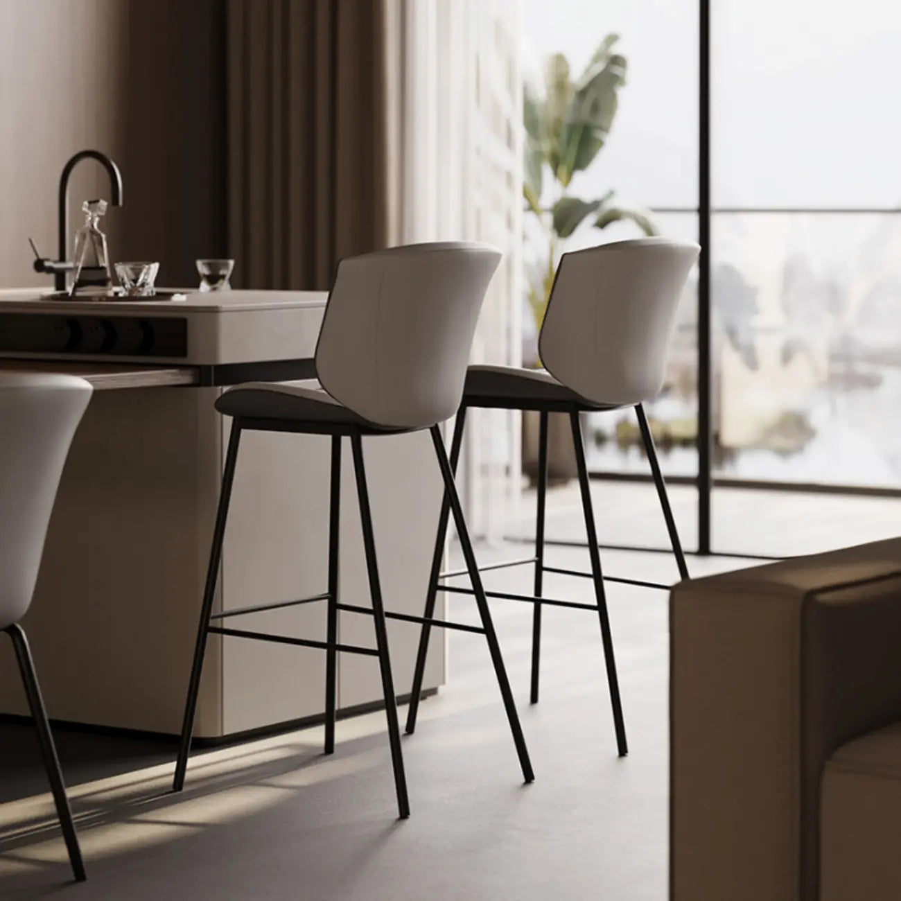 Tabouret de bar moderne de luxe avec coussin trapézoïdal, revêtement en microfibre et acier au carbone