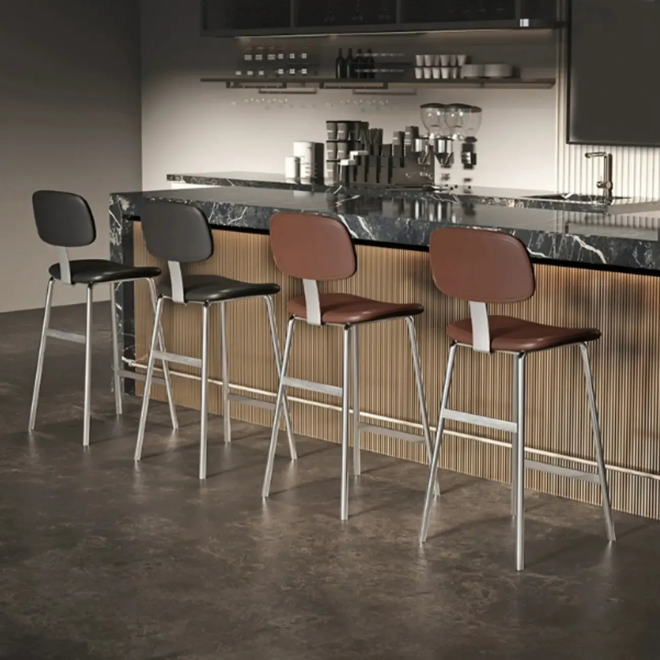 Tabourets de bar industriels en similicuir avec structure en métal et dossier